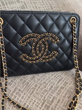 CHANEL Black Quilted Lambskin Crossbody with Gold Chain CC